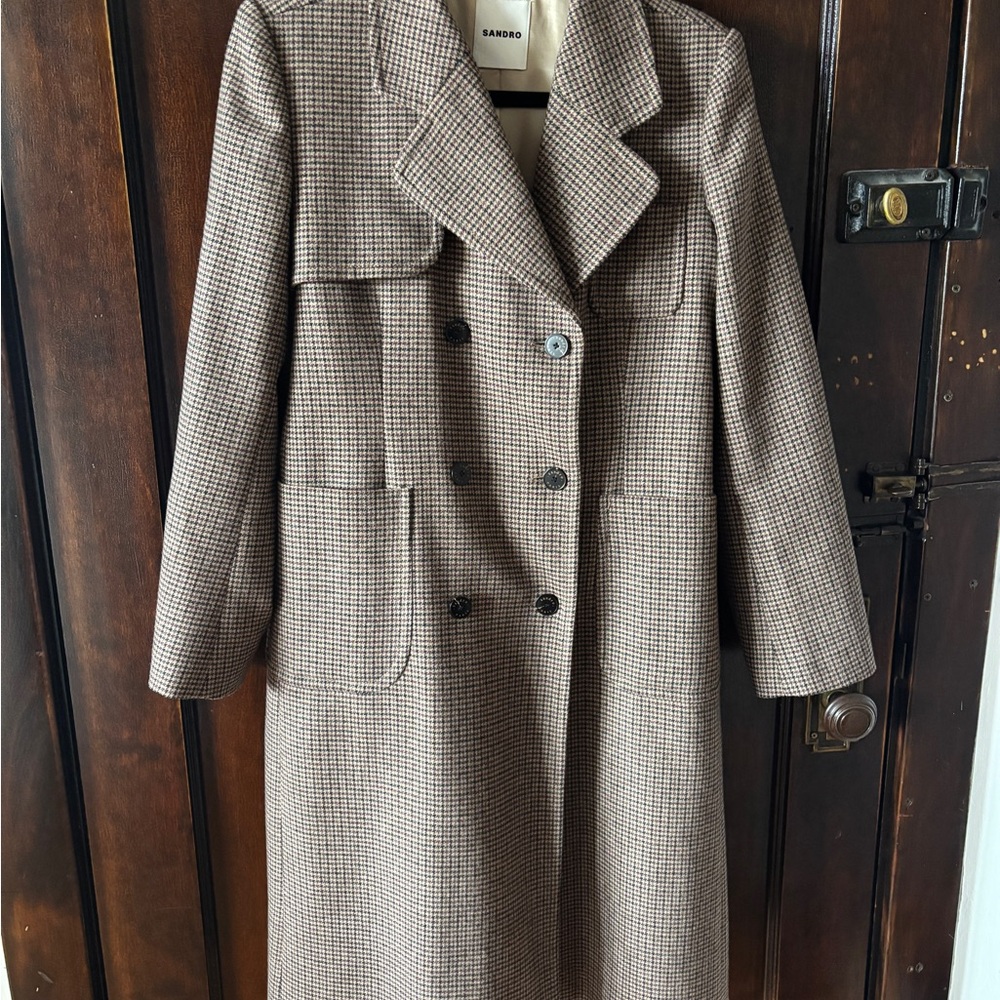 Sandro Houndstooth Double-Breasted Trench Coat - Picture 2 of 10